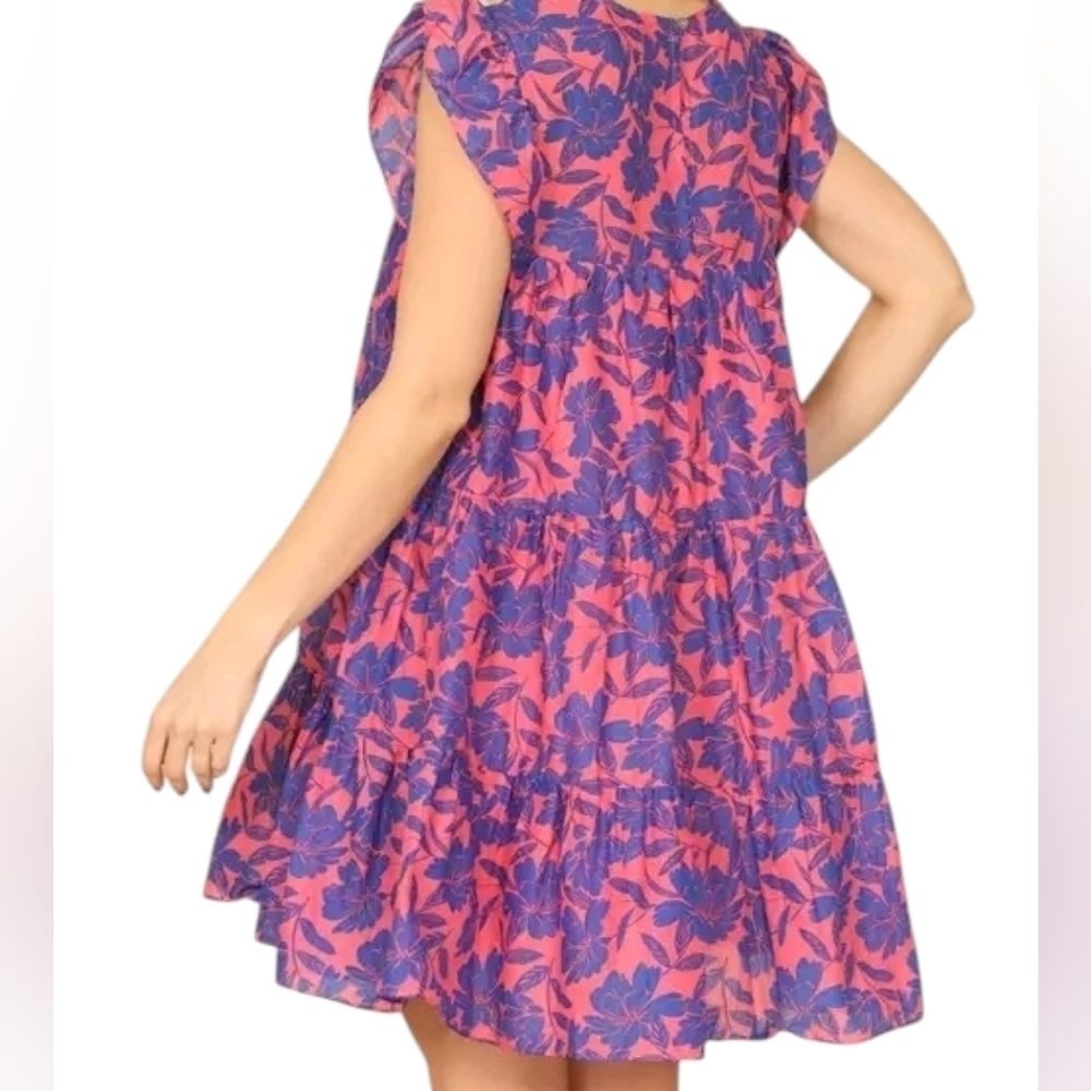 Olivaceous Flutter Sleeve Tiered Cotton Mini Dress Floral Print - Picture 2 of 13